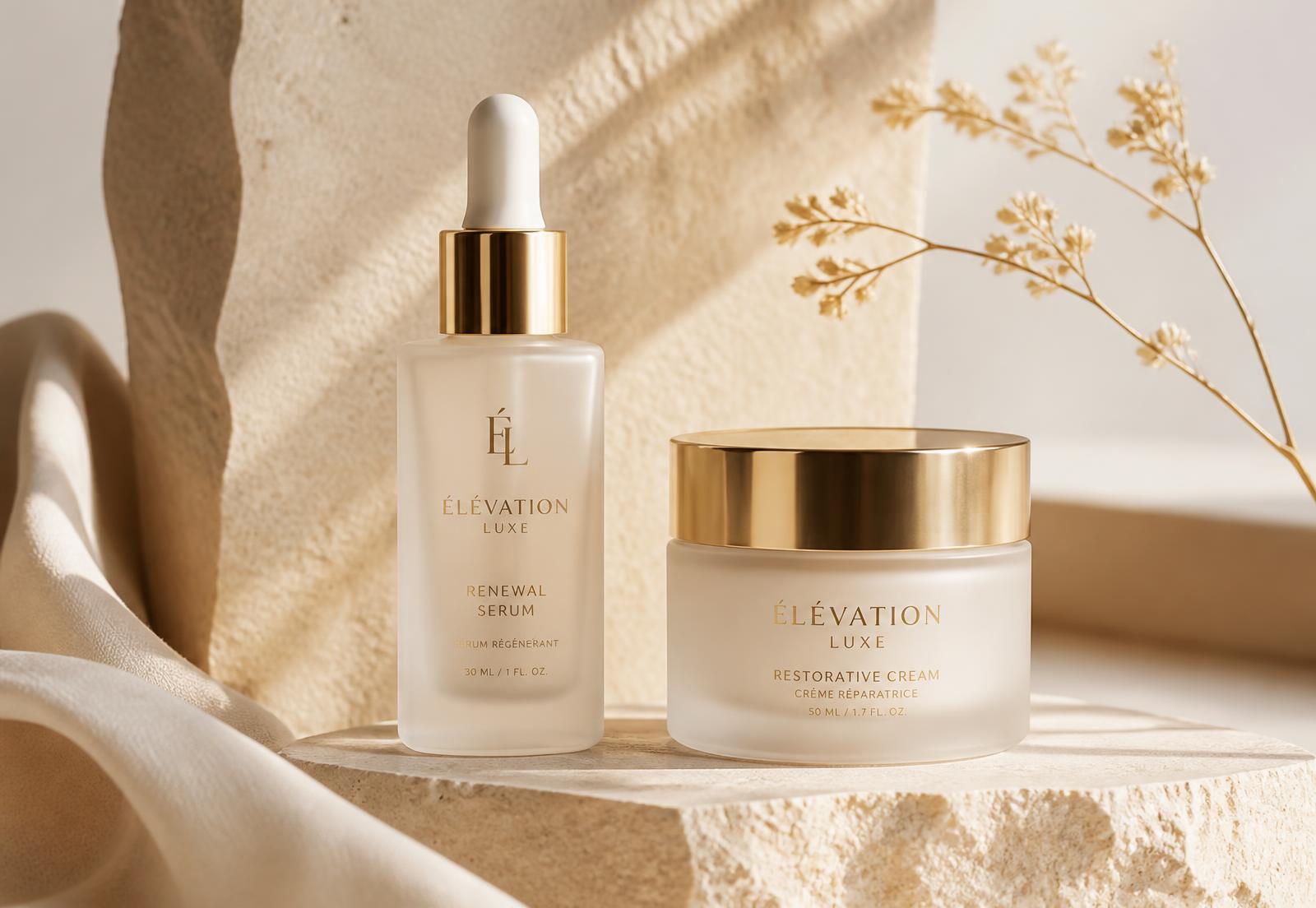 Serum bottle and cream jar on a warm stone plinth